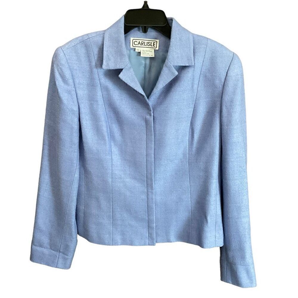 Carlisle Blazer Silk Collar Hidden Zip Snap Front Blue Vintage Shoulder Pads 14